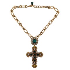 Dolce & Gabbana Gold tone chain necklace with multicolor cross crystals pendant
