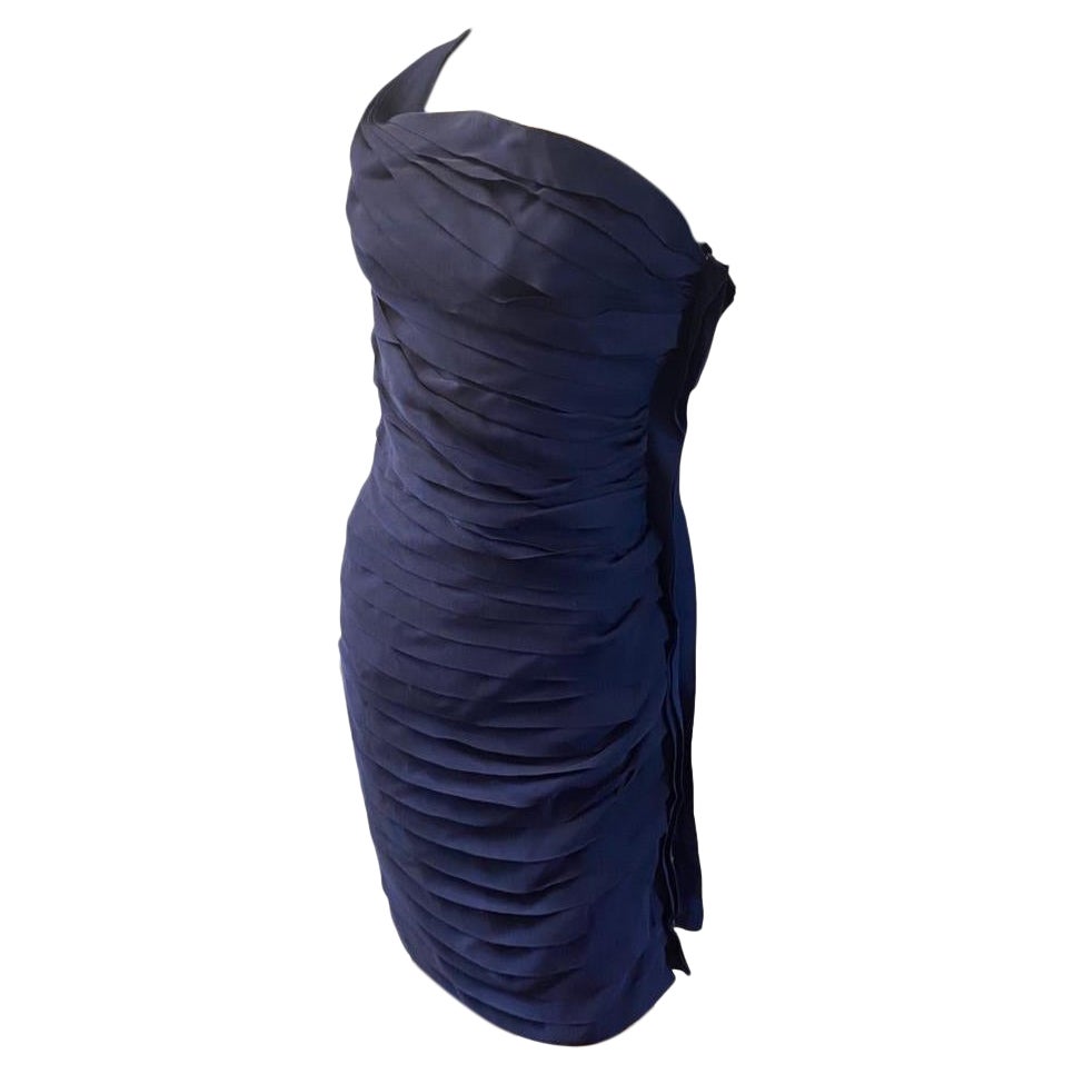 Lanvin Paris 2008 Colección Pasarela Vestido Vintage Drapeado Grosgrain Azul Marino Talla 4 Negro en venta