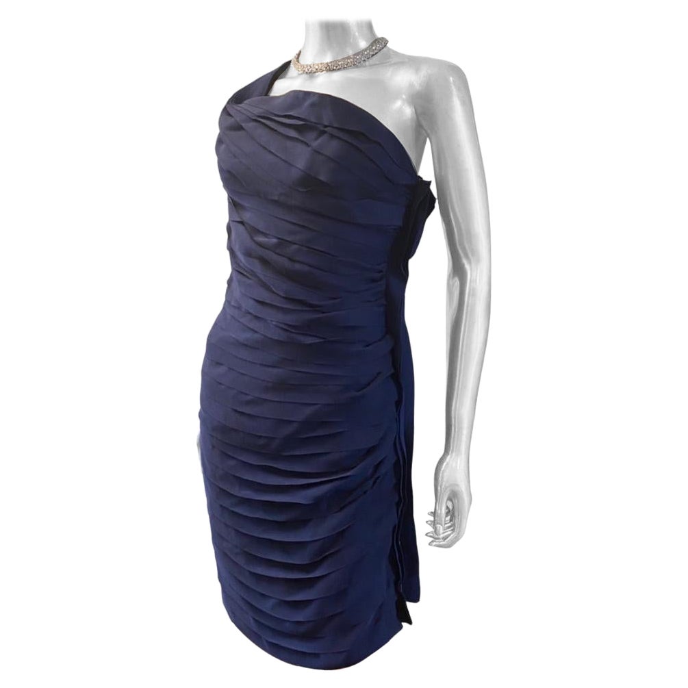 Lanvin Paris 2008 Colección Pasarela Vestido Vintage Drapeado Grosgrain Azul Marino Talla 4 en venta