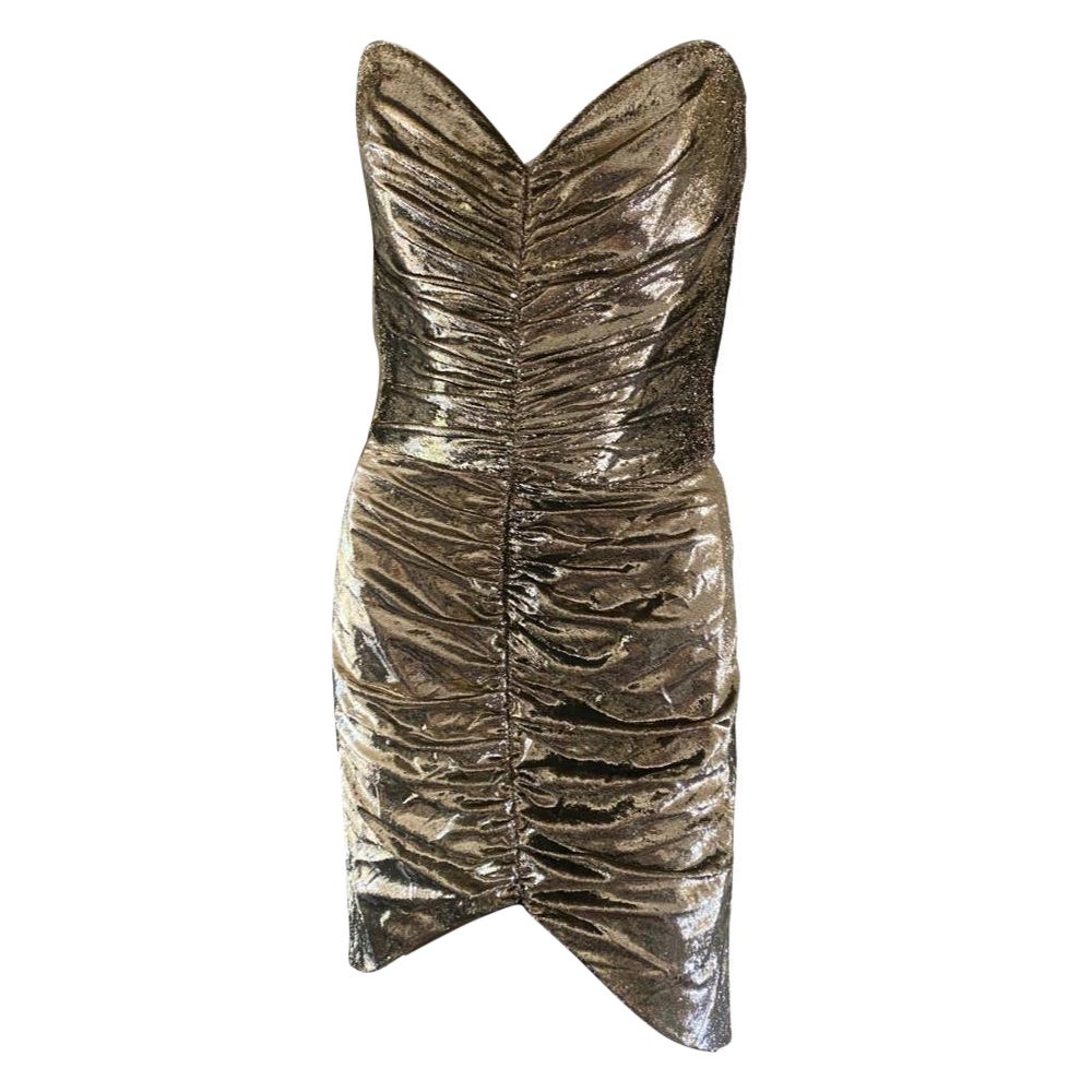 De las mujeres Emanuel Diseñador Vestido corpiño alto-bajo acanalado metalizado dorado, Inglaterra Talla 8 en venta