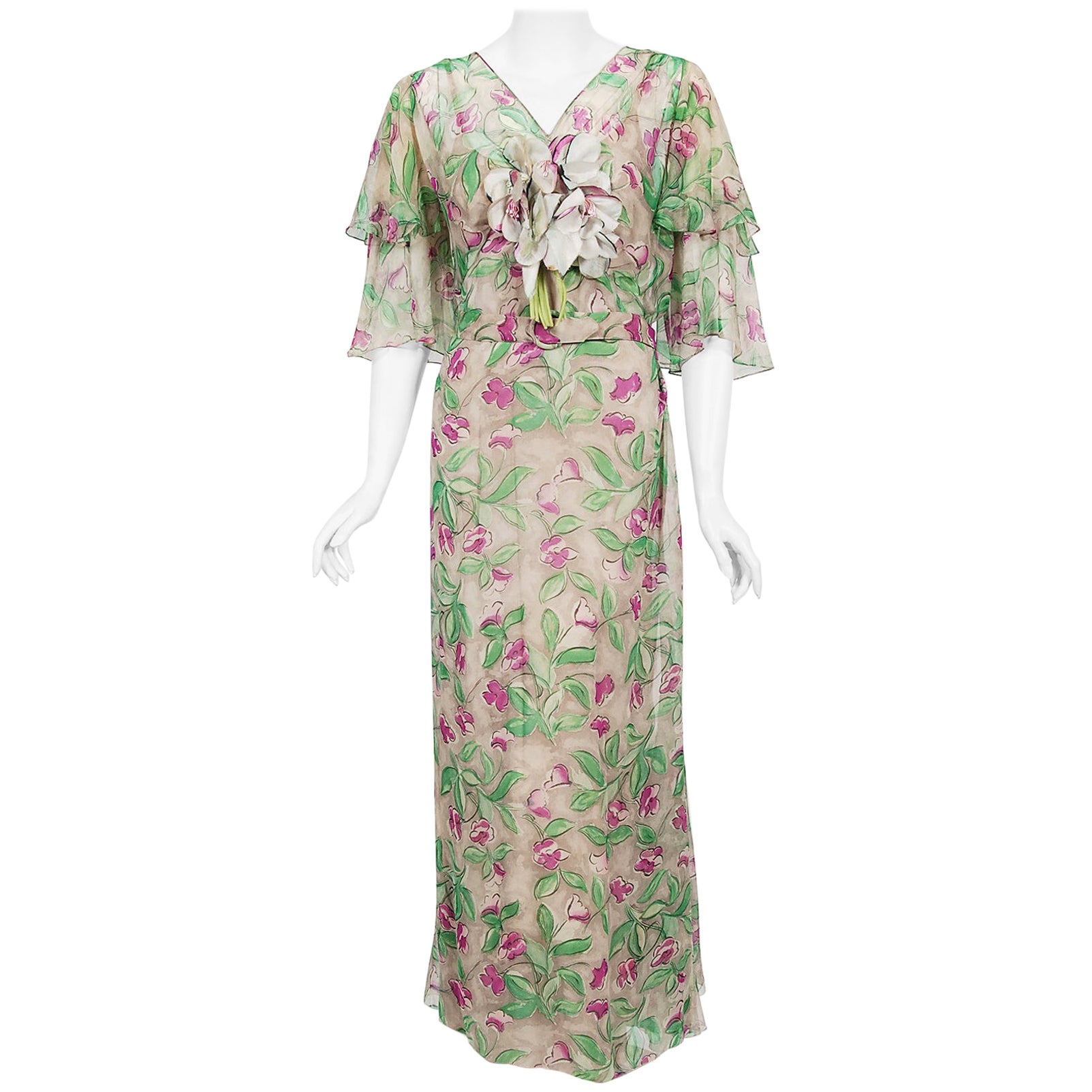 Vintage 1930's Fashion Originators Guild Floral Print Silk Chiffon Gown & Jacket For Sale