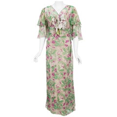 Vintage 1930's Fashion Originators Guild Floral Print Silk Chiffon Gown & Jacket
