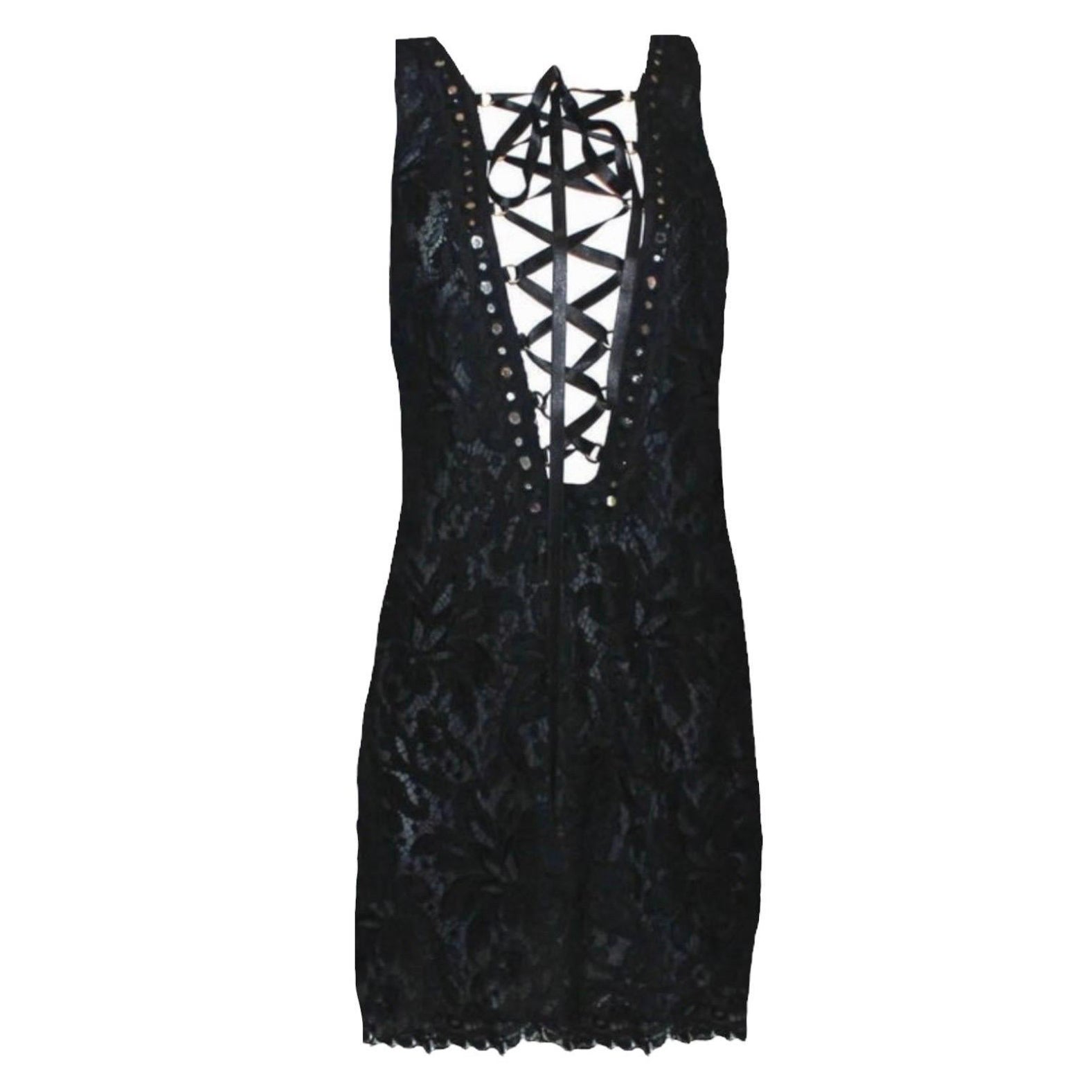 UNWORN Emilio Pucci by Peter Dundas Black Lace Mirror Lace Up Dress 38 For Sale