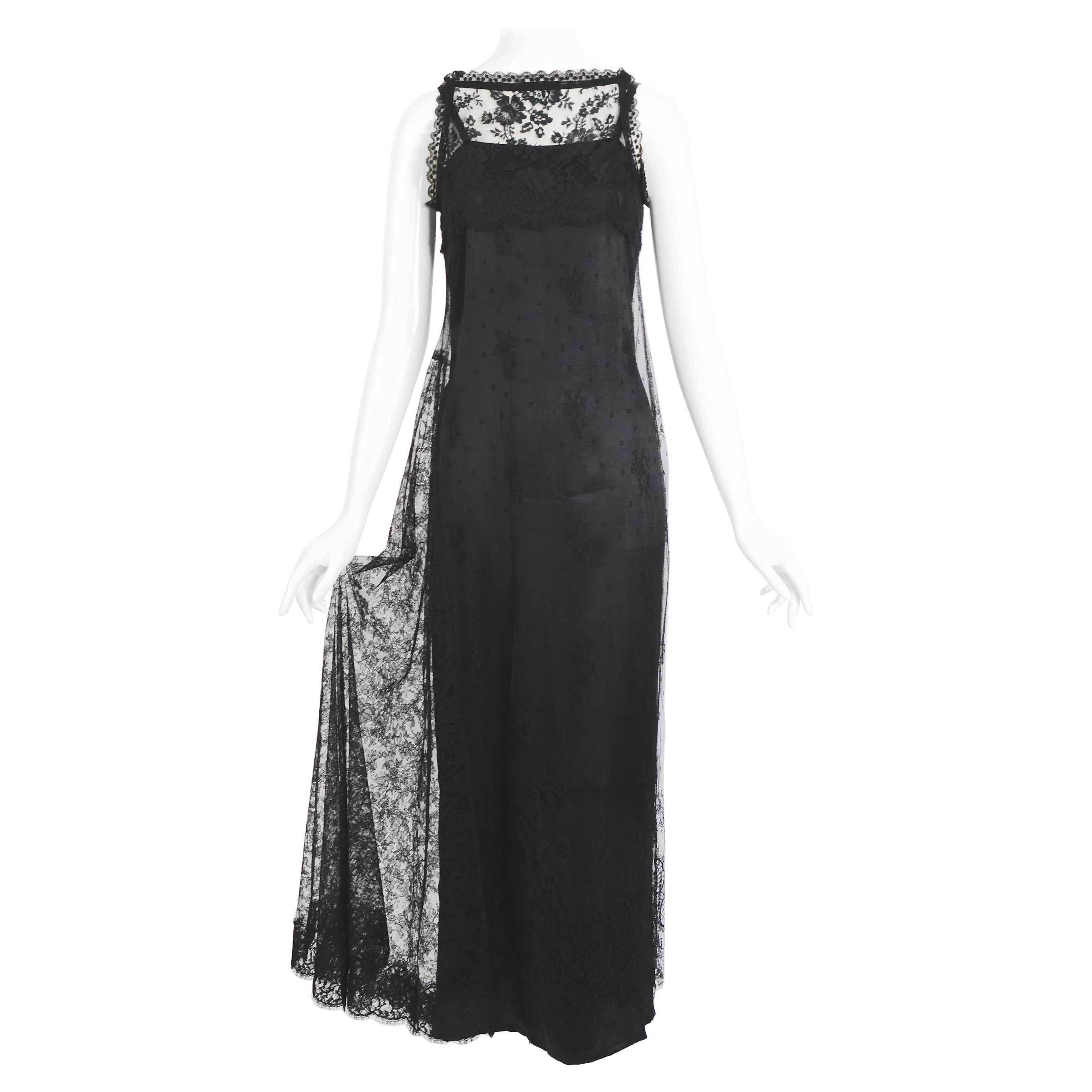 Christian Lacroix vintage 1990s black French Chantilly lace silk long dress