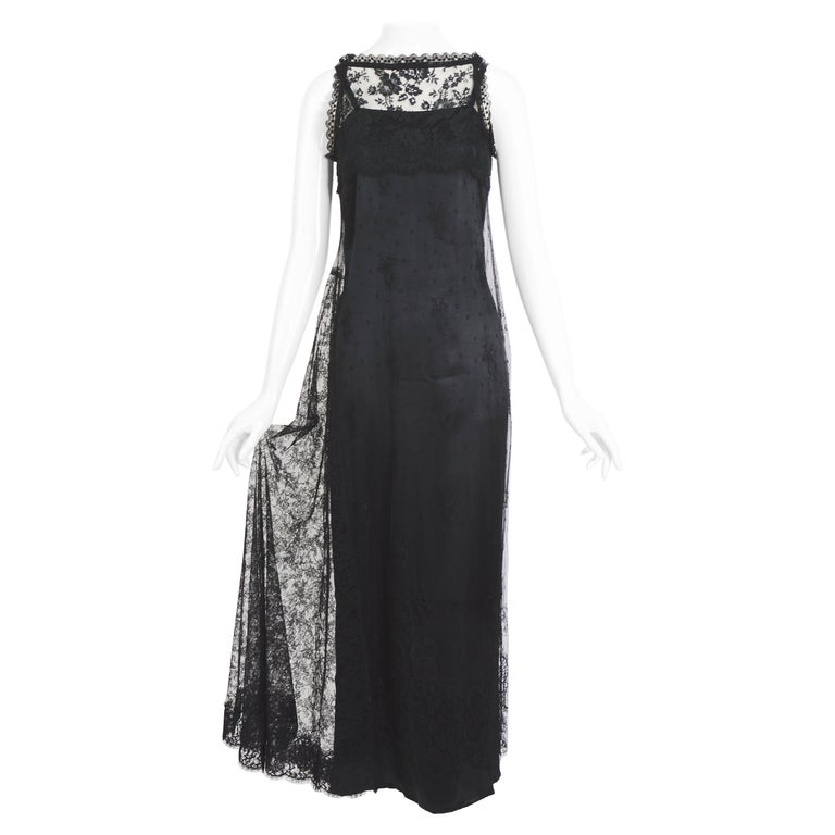 Christian Lacroix vintage 1990s black French Chantilly lace silk long dress For Sale