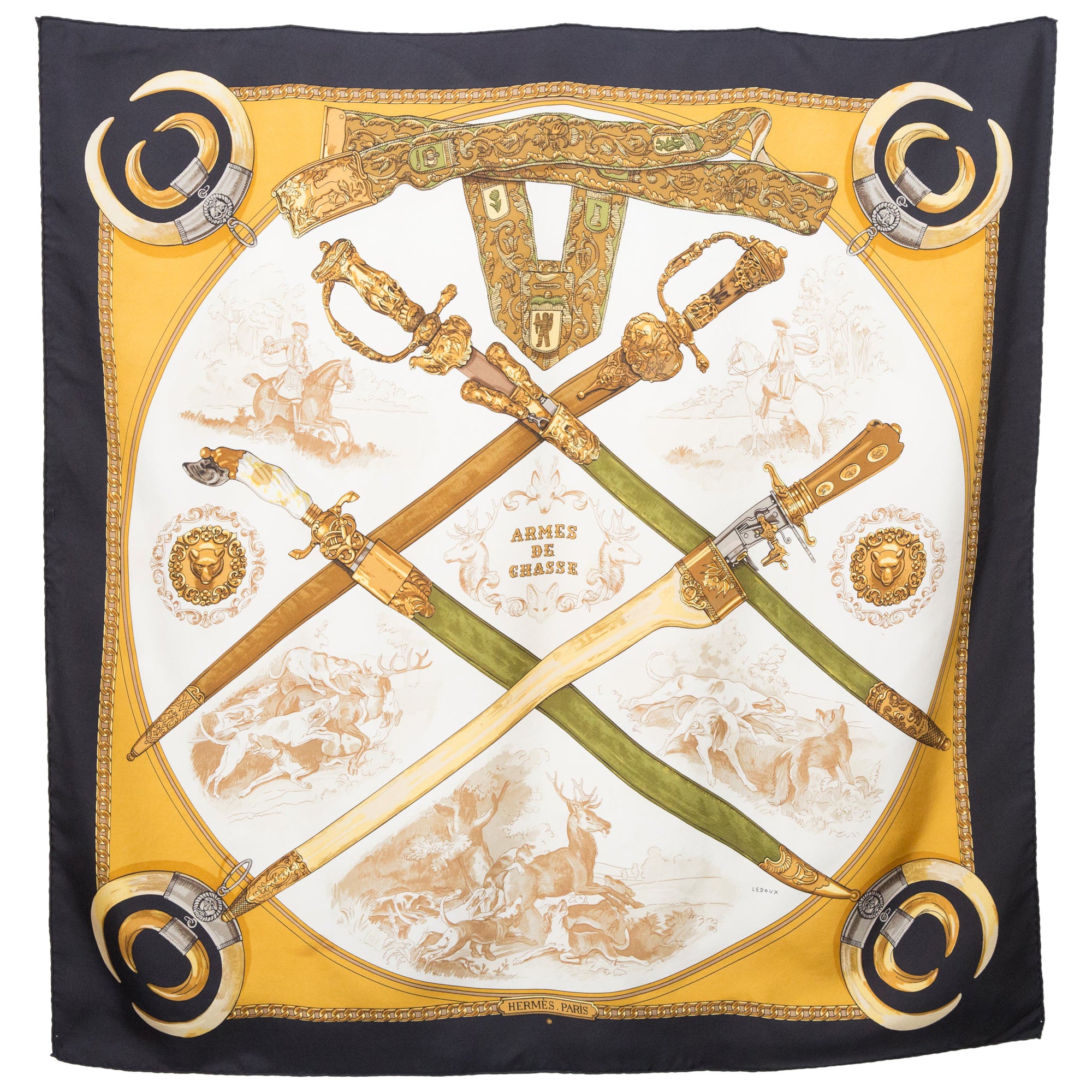 Hermes Armes de Chasse by P Ledoux Silk Scarf For Sale