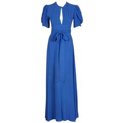 1970's Ossie Clark Periwinkle Moss-Crepe Puff Sleeve Plunge Maxi Wrap Dress