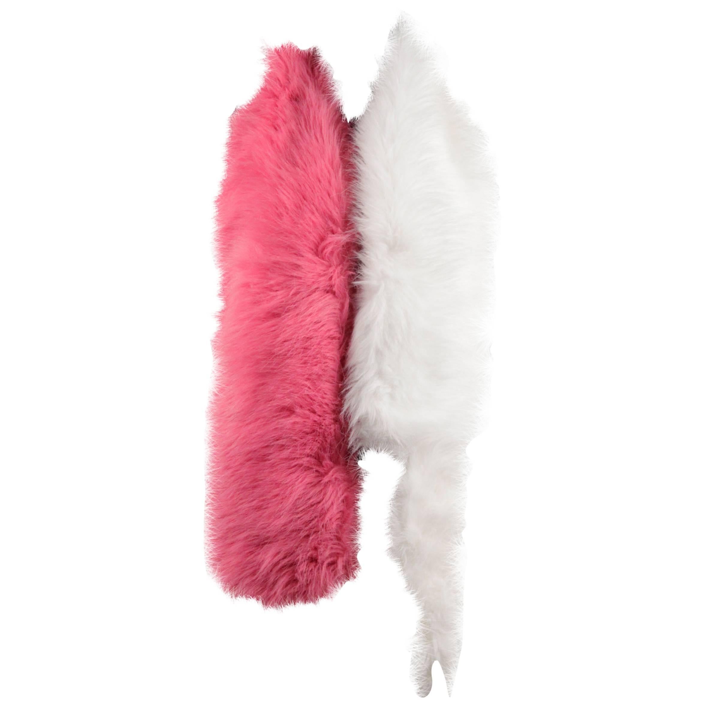 PRADA Bicolor White & Pink Fuchsia FAUX FOX FUR STOLE Scarf S/S 11