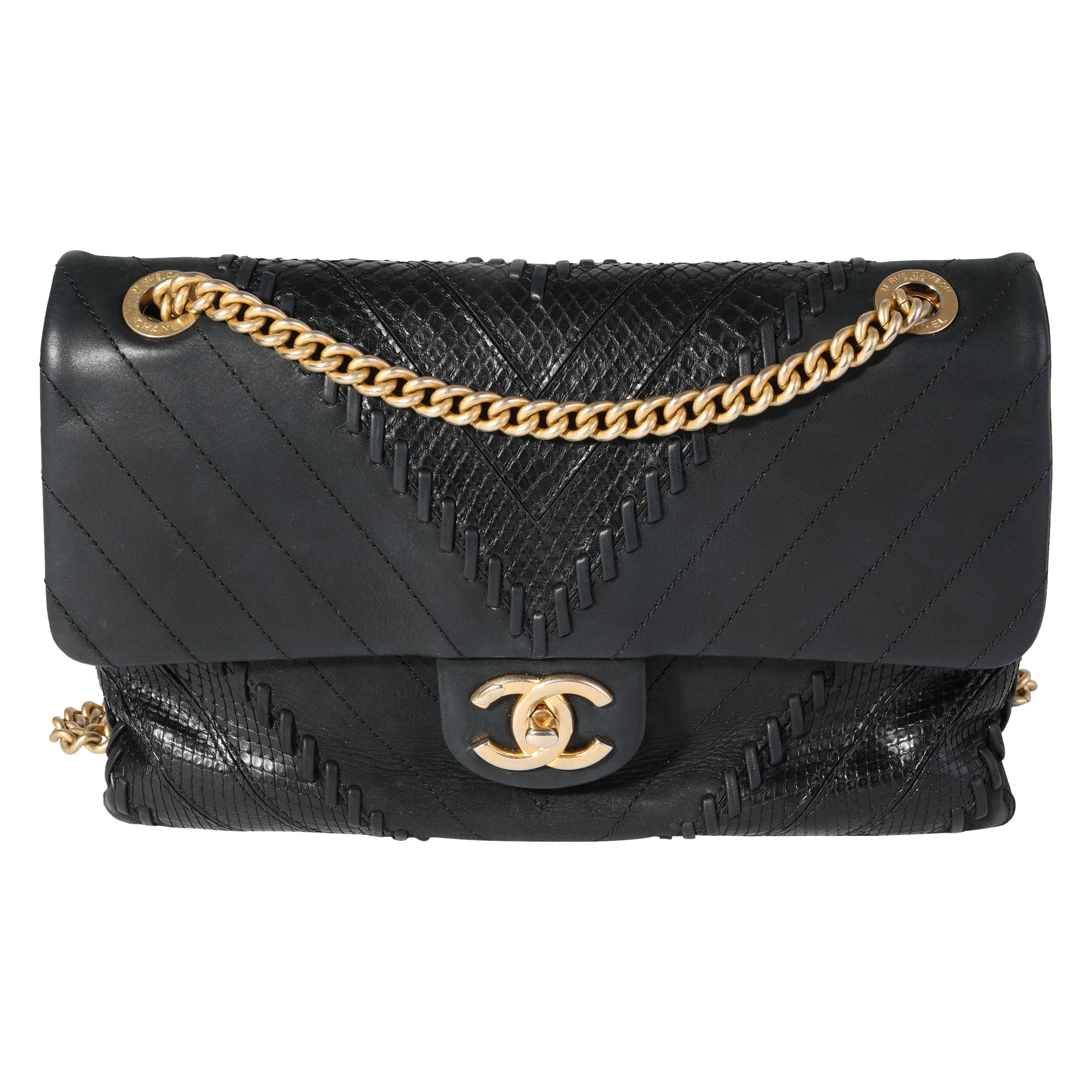 Chanel Black Chevron & Python Patchwork Flap Bag