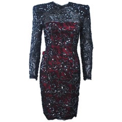 Vintage ODICINI COUTURE Black & Magenta Sequin Lace Cocktail Dress with Bow Size 6-8
