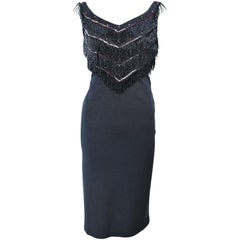 SYDNEY NORTH 1970's Grey Stretch Knit Cocktail Dress with Beaded Fringe Size 8