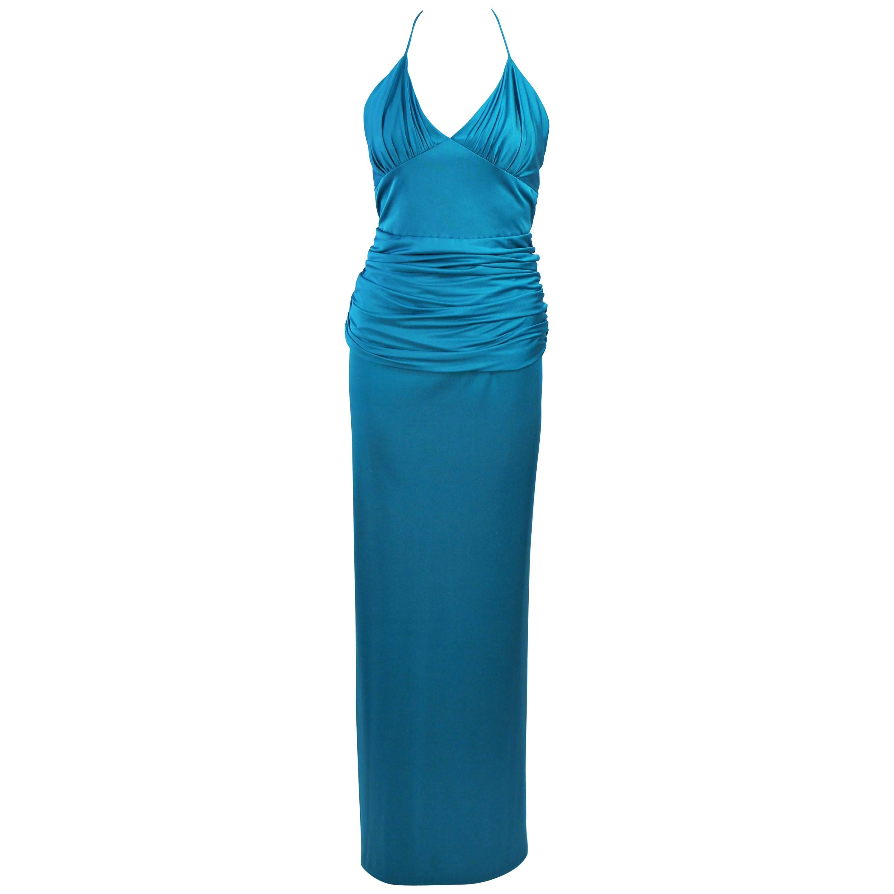 ELIZABETH MASON COUTURE Turquoise Silk Jersey Halter Gown Made to Order For Sale