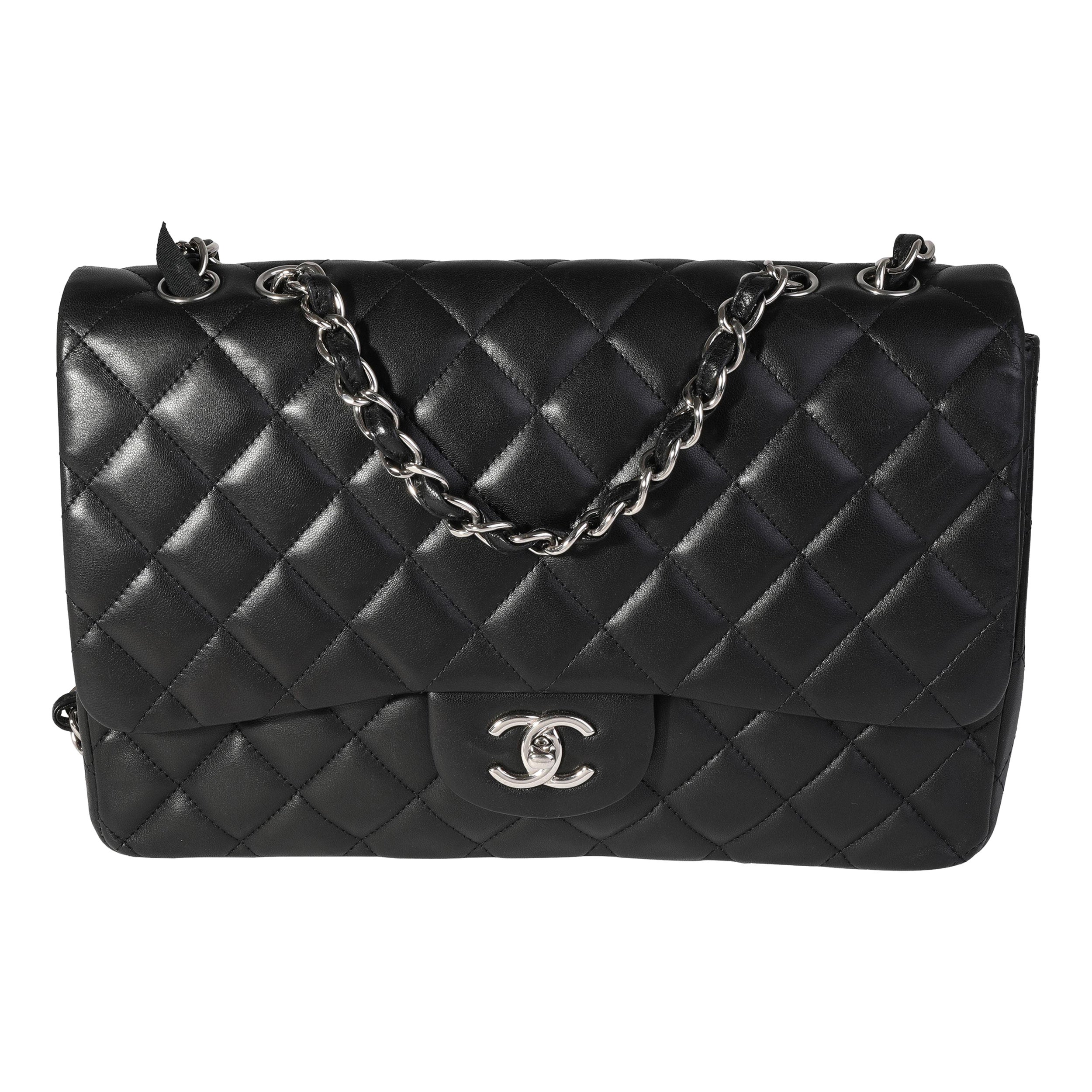 Chanel Black Quilted Lambskin Jumbo Classic Single Flap Bag For Sale