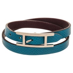 Hermes Blue Leather Hapi Bracelet with leather, gold-tone hardware