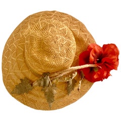 Vintage Wide Brimmed Natural Straw Hat with Red Silk Poppy