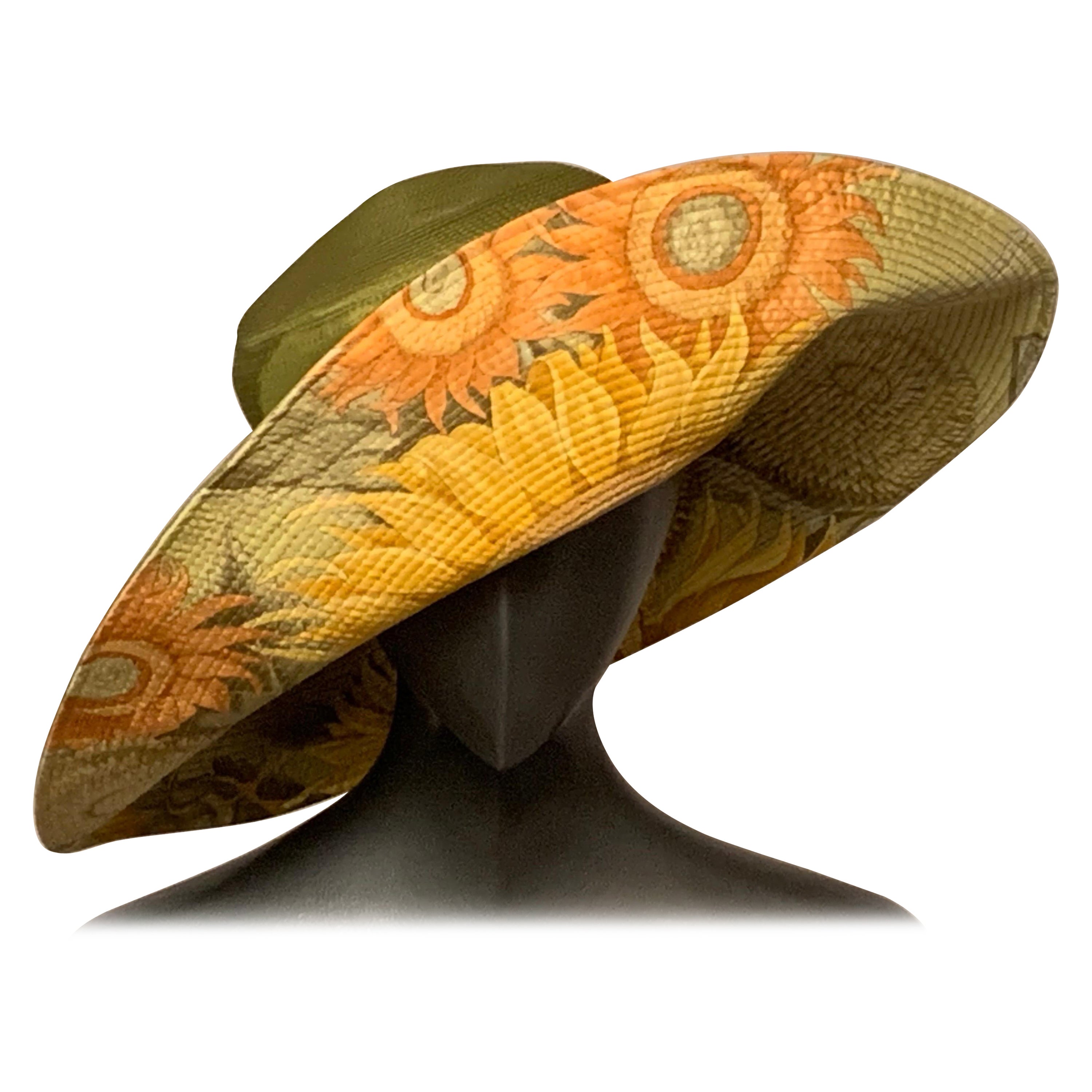 Green Silk Hat with Sunflower Print Brim by Suzanne Couture Millinery