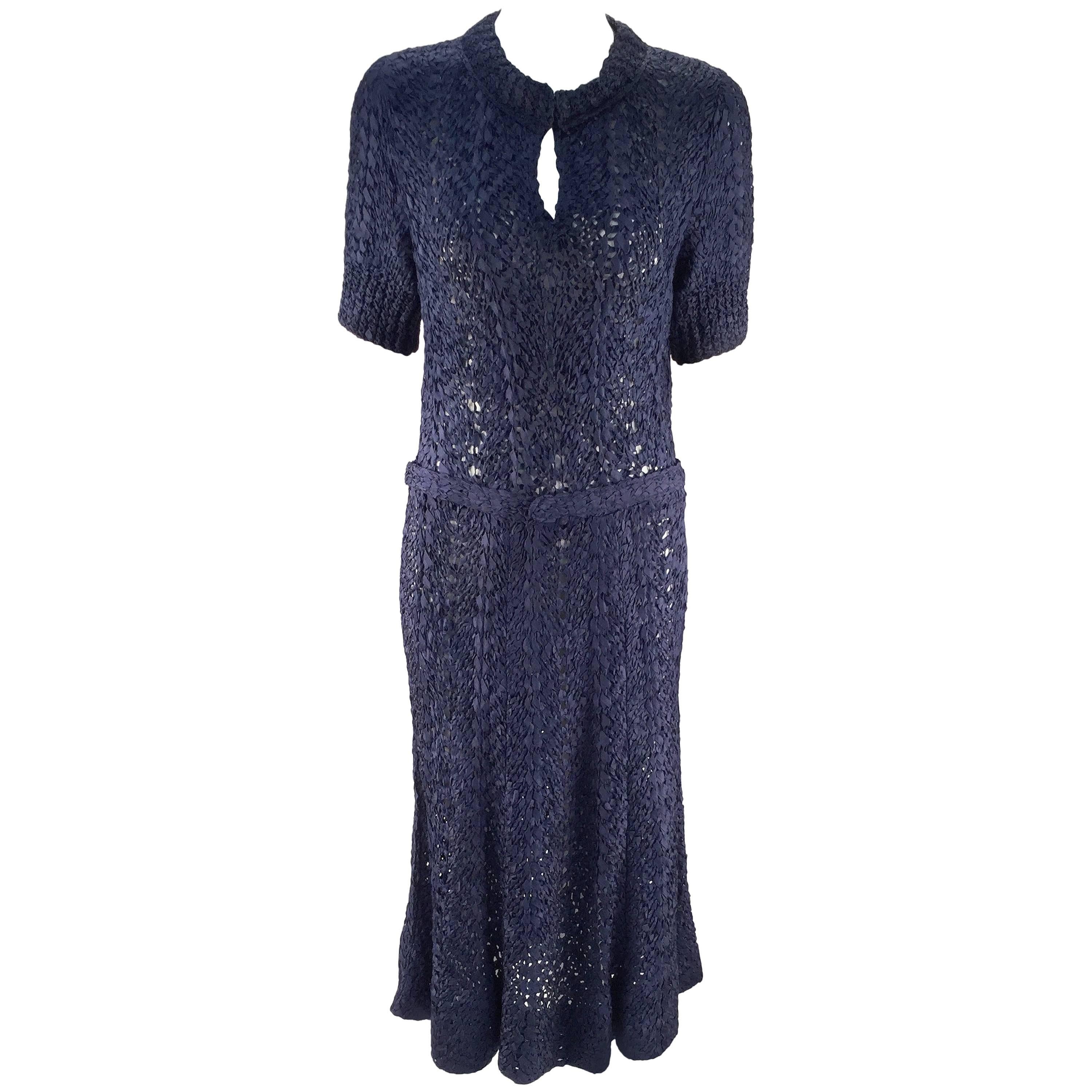 Navy Blue Silk Ribbon Knit Knee Length Dress and Belt, 1940s For Sale
