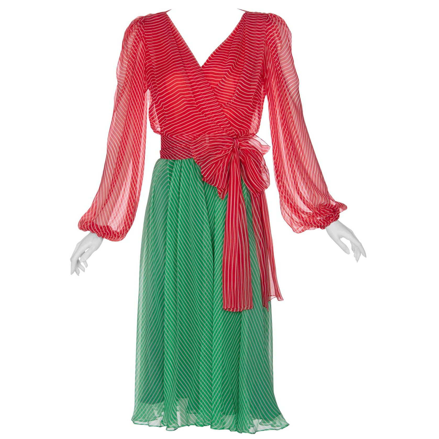 Yves Saint Laurent YSL Haute Couture Red / Green Stripe Silk Chiffon Dress, 1991 For Sale