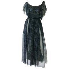 1970s Zandra Rhodes Hand Painted Black Silk Dress 