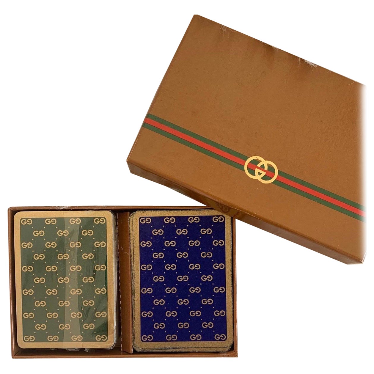 Vintage GUCCI Blue and Red Horsebit monogram playing cards at 1stDibs