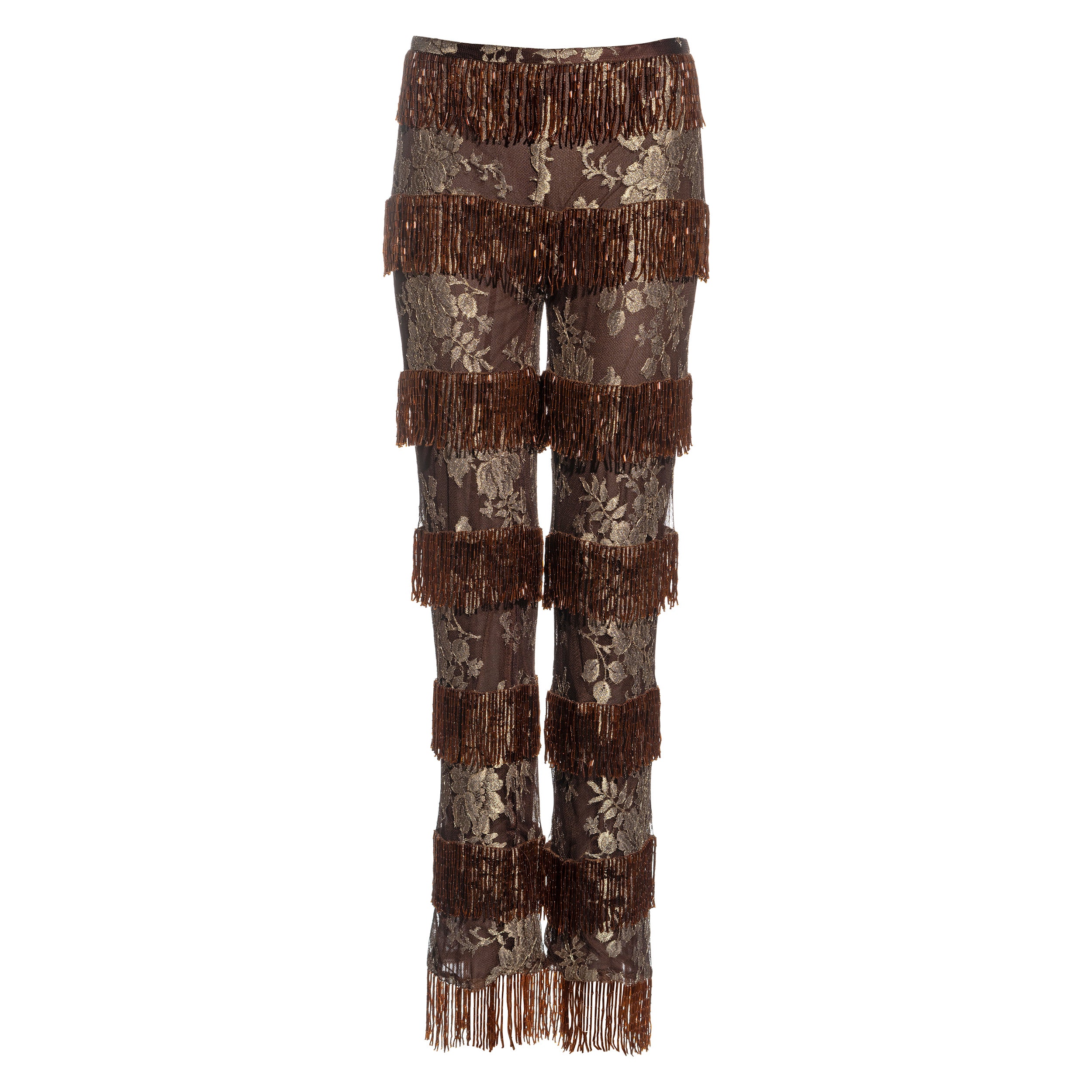 Dolce & Gabbana metallic gold and copper lace beaded fringe pants, ss 2000 For Sale