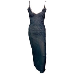 Thierry Mugler Vintage Embroidered Semi-Sheer Knit Bodycon Black Maxi Dress 