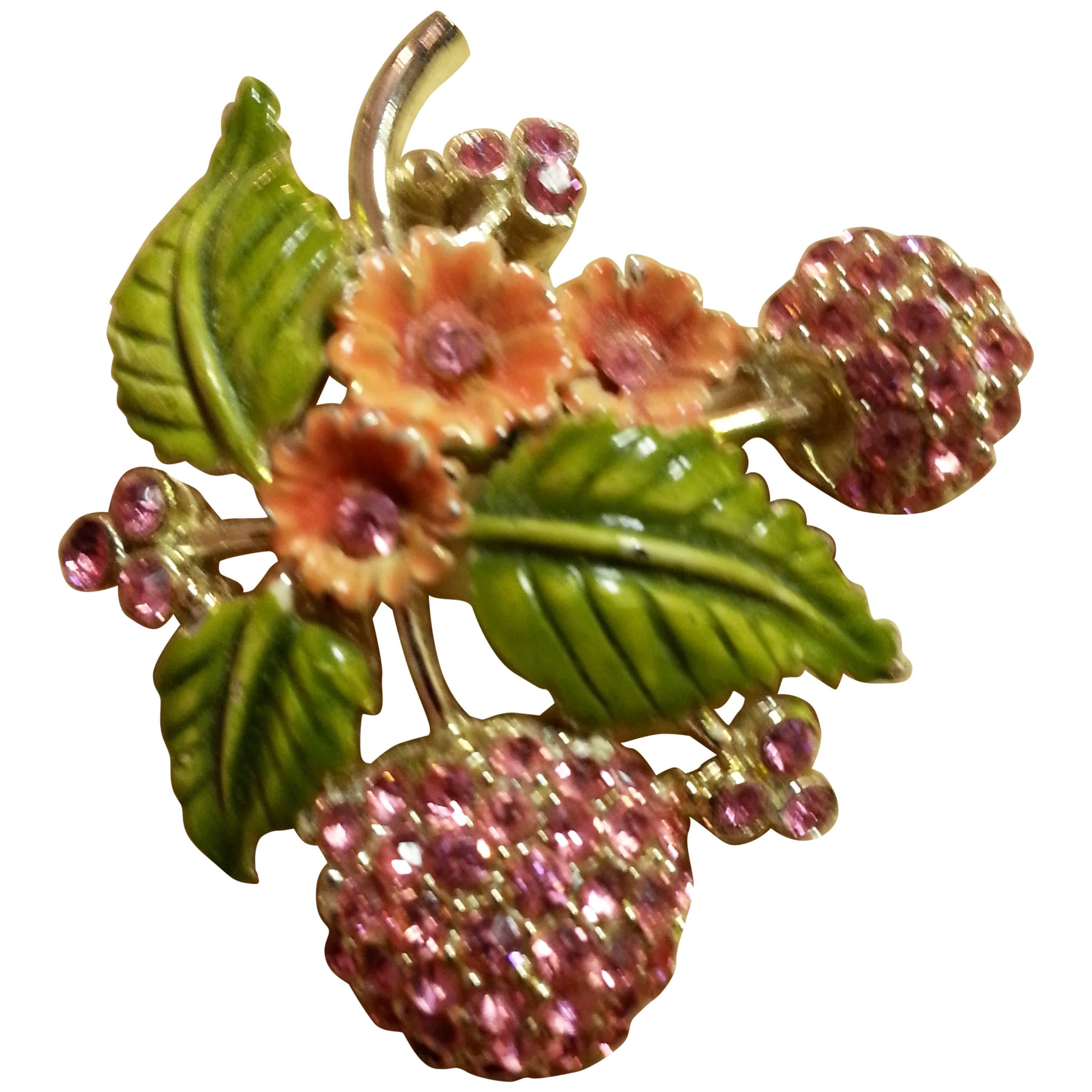 1950s HOLLYCRAFT Cherry and Blossom Pastel Enamel  Brooch Pin For Sale