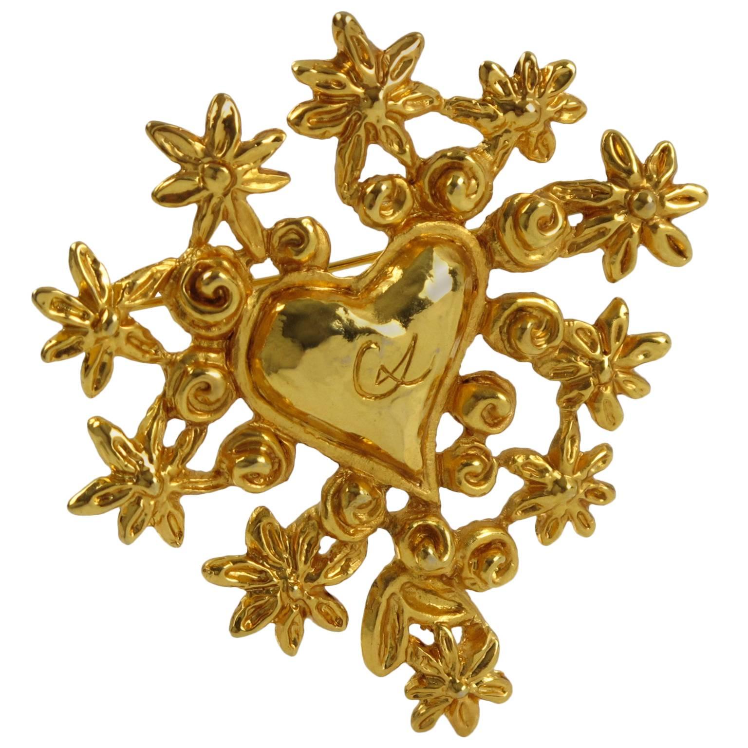 Christian Lacroix Iconic Pin Brooch Goldtone Heart & Flowers