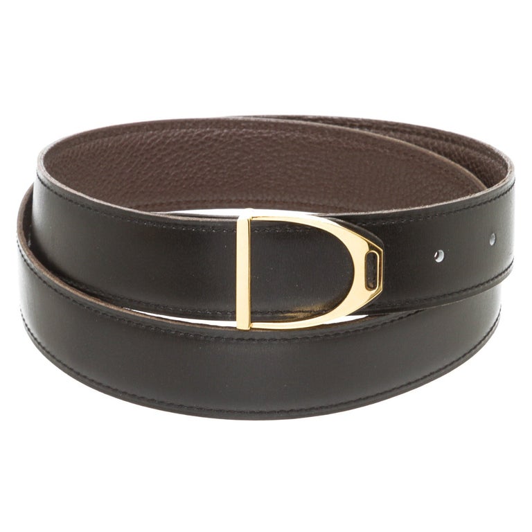 Black and brown togo and box leather Hermès vintage Etrier belt with  gold-tone For Sale at 1stDibs