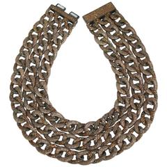 KMO Paris Taupe Leather and Silver Powder Multi Strand Chain Necklace