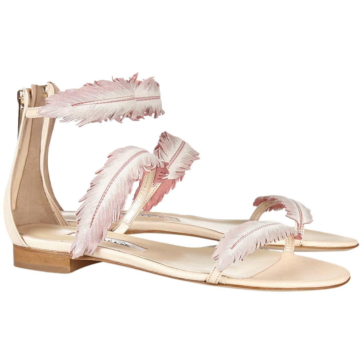 Oscar de la Renta NEW & SOLD OUT Cream Pink Leather Sandals Flats Shoes in Box