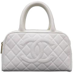 Vintage Chanel Mini Boston White Quilted Caviar Leather Hand Bag