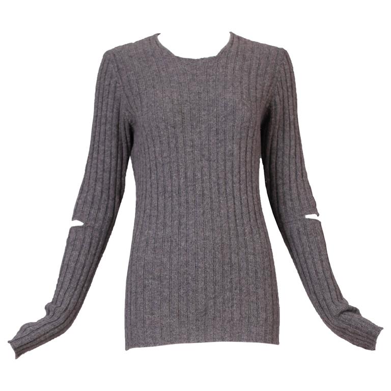 1990's Helmut Lang Heather Gray Ribbed Knit Sweater Top w/Cutout Elbows ...