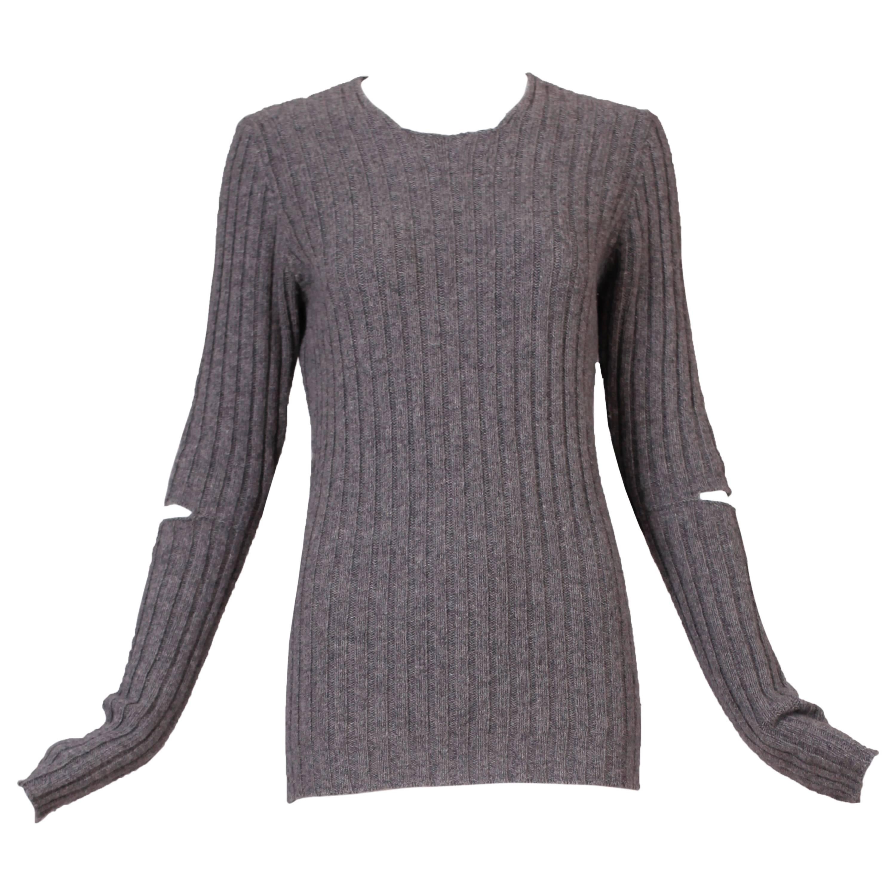 1990's Helmut Lang Heather Gray Ribbed Knit Sweater Top w/Cutout Elbows