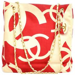 Vintage Chanel White x Red CC Logo Canvas Large Shoulder Tote Bag