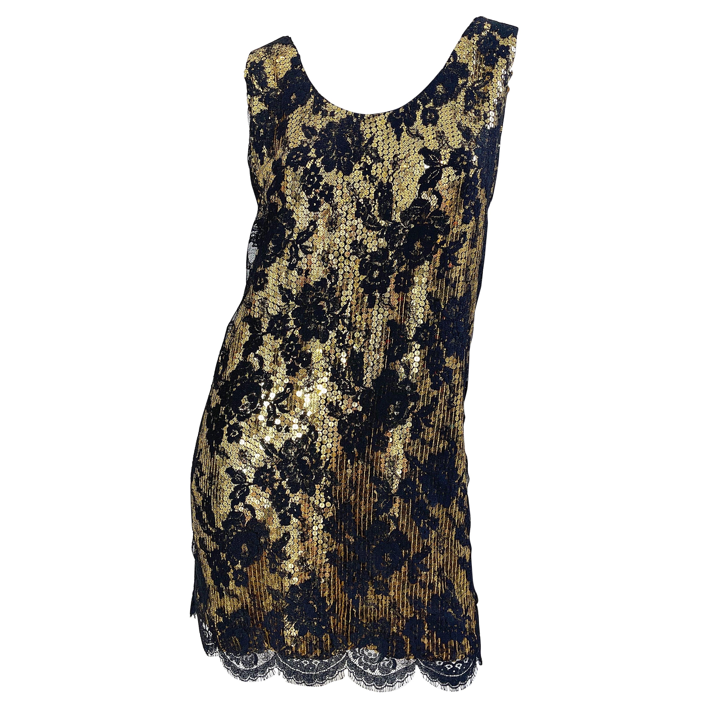 Vestido Flapper Vintage Años 80 Jeanette Kastenberg Lentejuelas Doradas Encaje Negro en venta