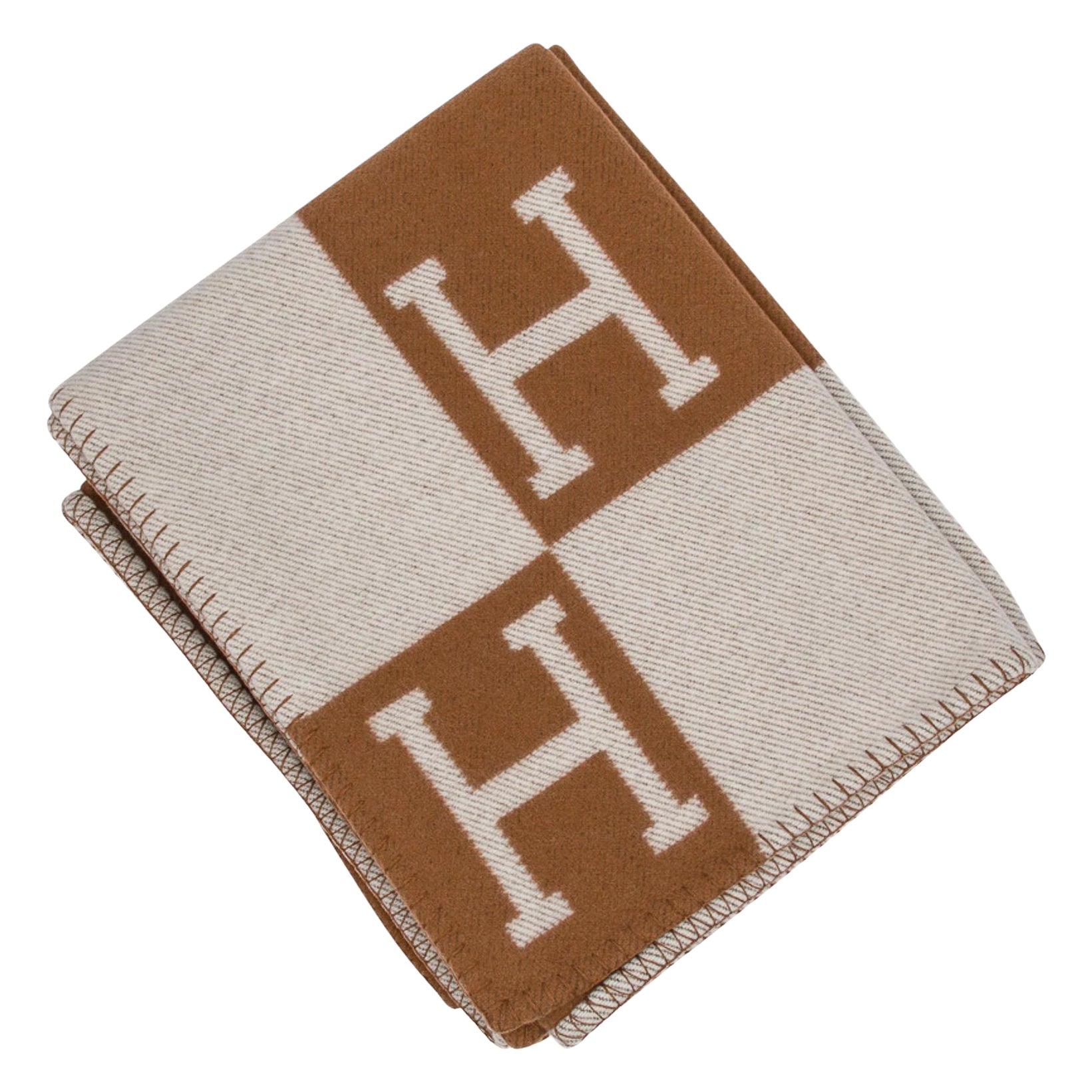 Hermes Avalon III Signature H Blanket Camel and Ecru Throw New