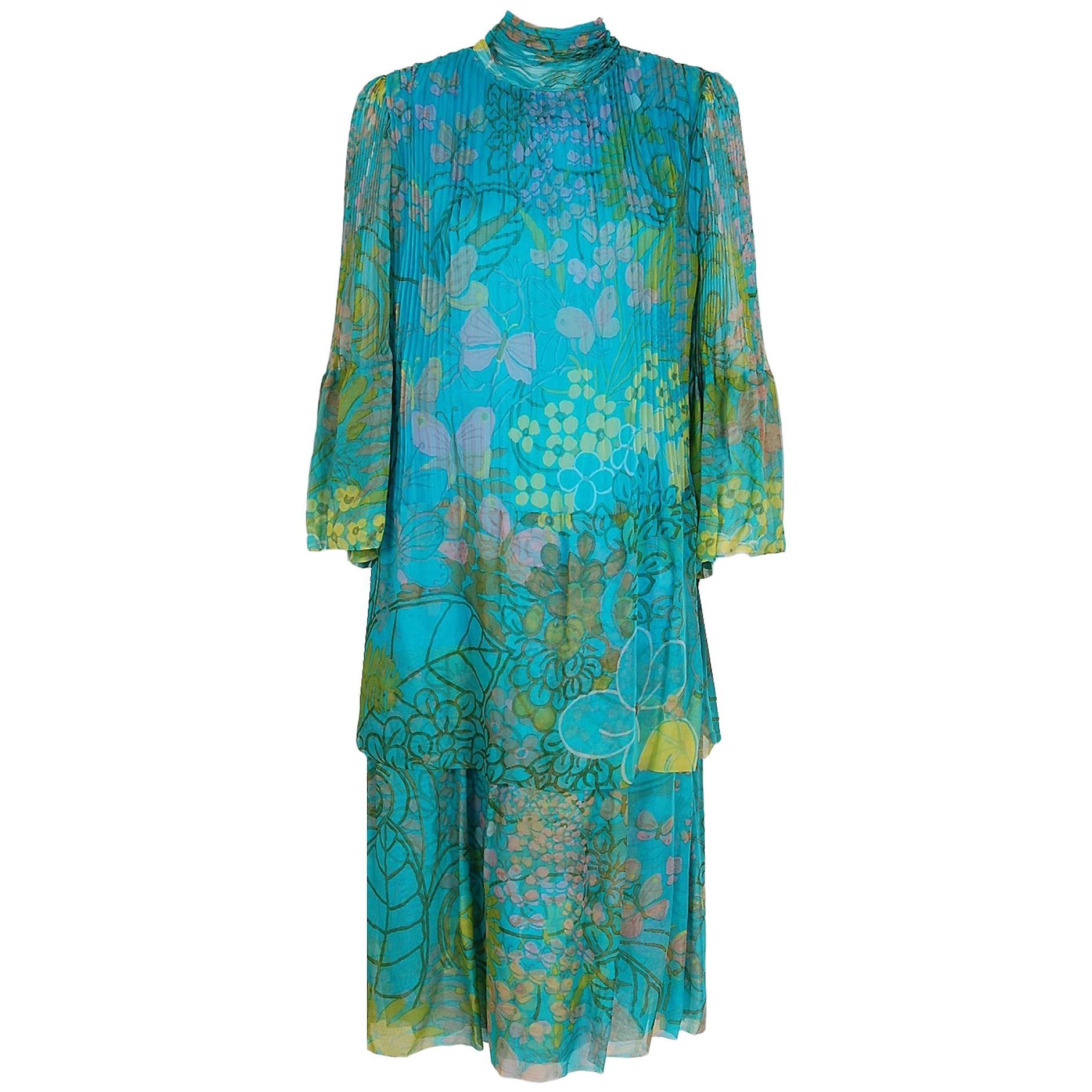 1968 Molyneux Haute-Couture Butterfly Floral Print Pleated Silk-Chiffon Dress
