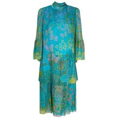 Vintage 1968 Molyneux Haute-Couture Butterfly Floral Print Pleated Silk-Chiffon Dress