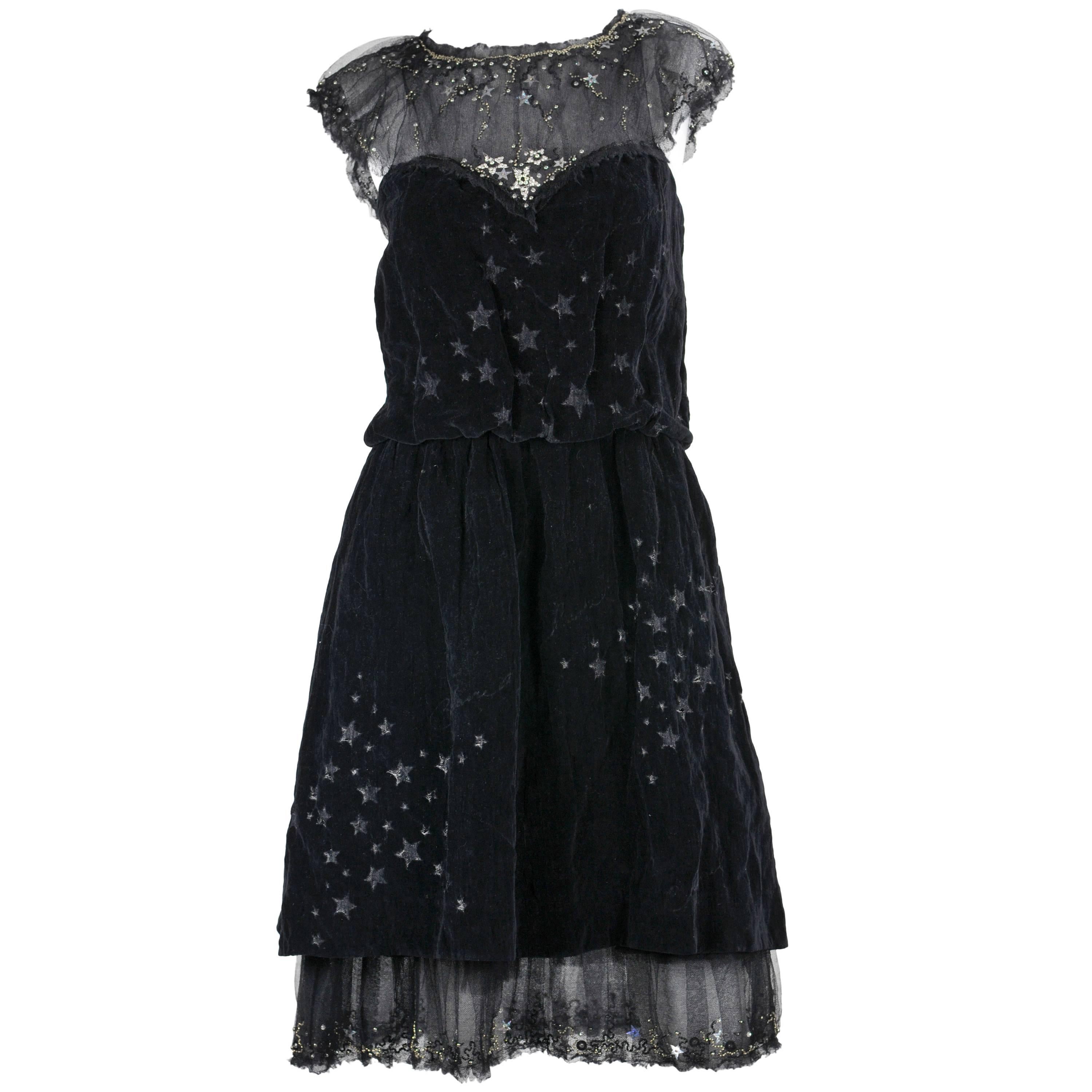 Chanel 2007A Demi Couture  Black Velvet Evening Dress w/ Beading and Stars FR 34 For Sale