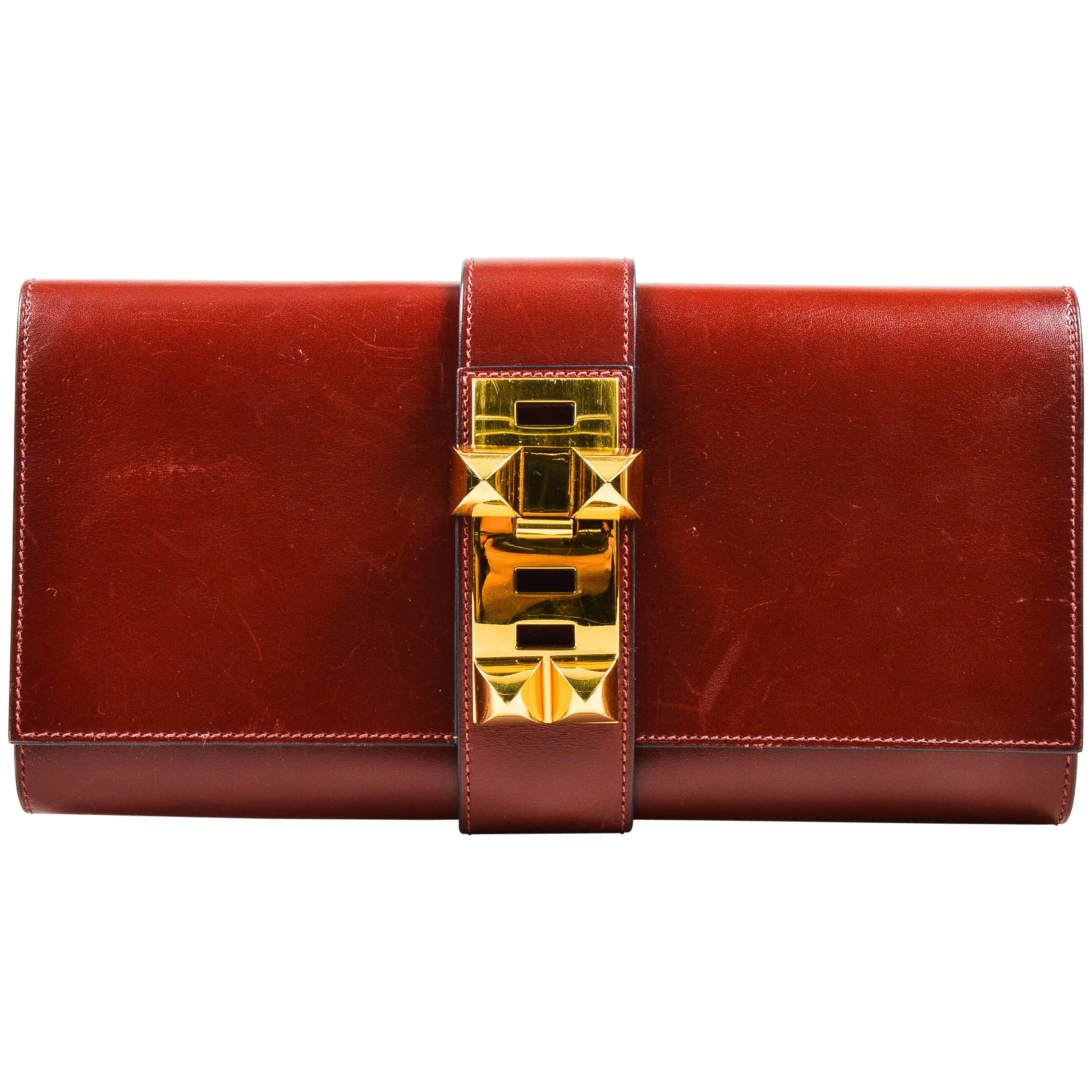 Hermes Oxblood Red Box Calf Leather Gold Tone Stud "Medor 29cm" Clutch Bag For Sale