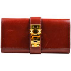 Hermes Oxblood Red Box Calf Leather Gold Tone Stud "Medor 29cm" Clutch Bag