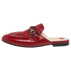 Gucci Red Leather Horsebit Web Princetown Mules Size 38