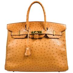 Hermes "Saffron" Orange Tan Ostrich Leather 35cm "Birkin" Handbag