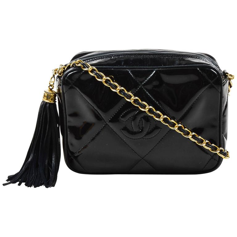 Vintage Chanel Black Patent Leather Gold Tone Chain Zip Tassel Shoulder