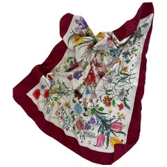 Vintage 1980s Gucci Flora Pattern Silk Scarf with Burgundy Boarding