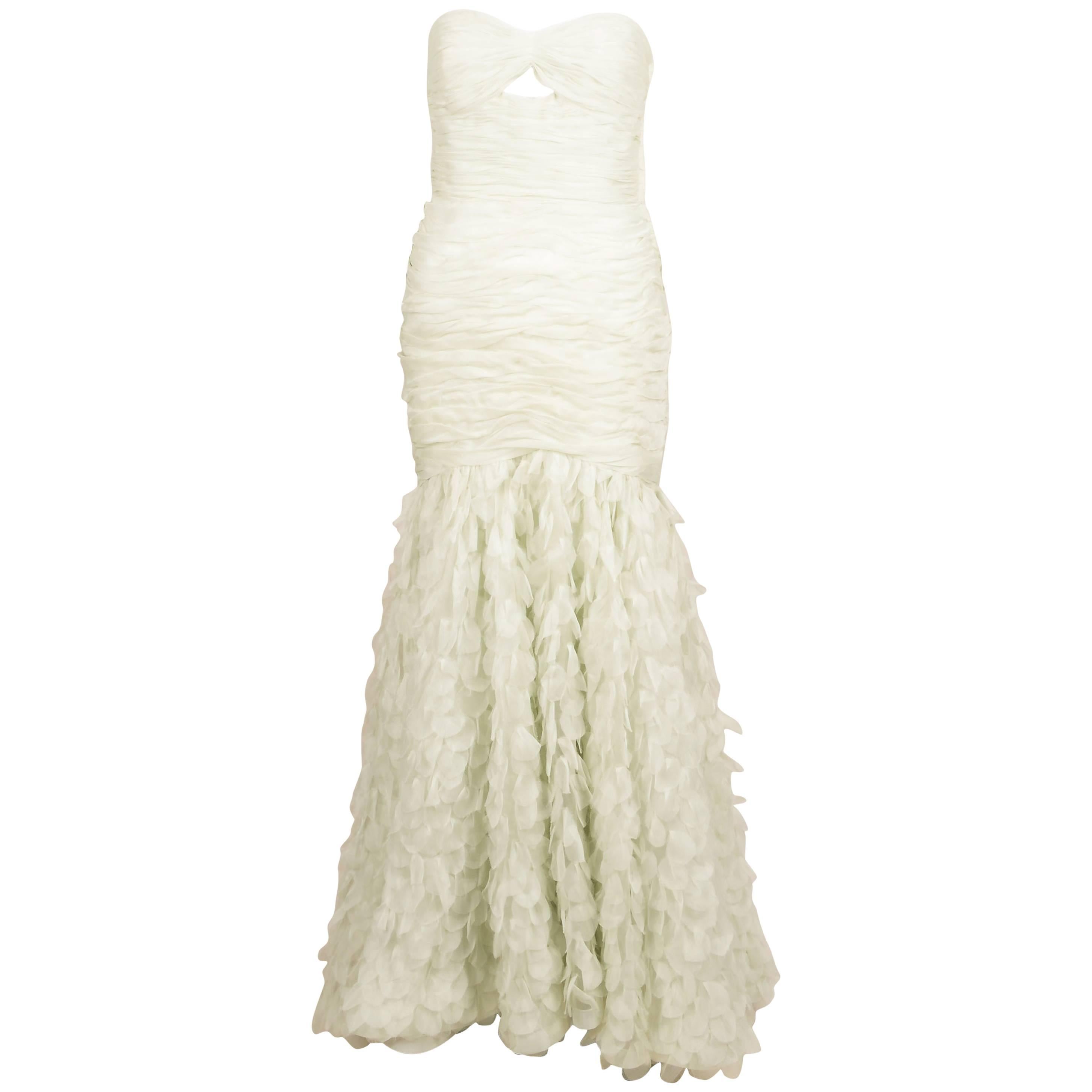 Oscar de la Renta Mint Green Silk Paillette Ruched Strapless Gown SZ 6 For Sale