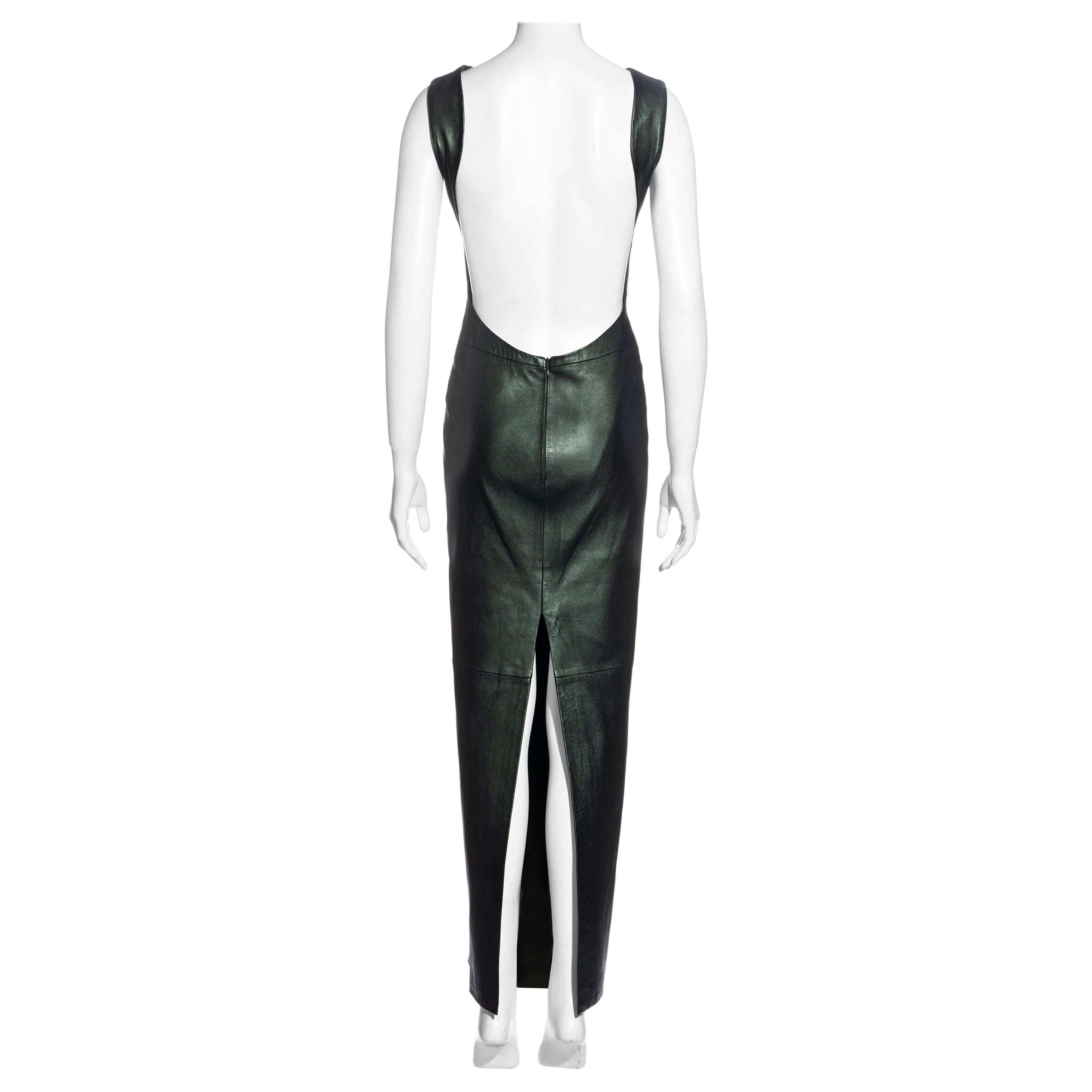 Mario Valentino green leather open back full-length dress, fw 1999 For Sale