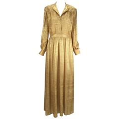 Vintage 1970s Gold Metallic Long Sleeve Maxi Dress 10