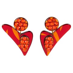 Dangle Lucite Pierced Earrings Flame Red and Orange